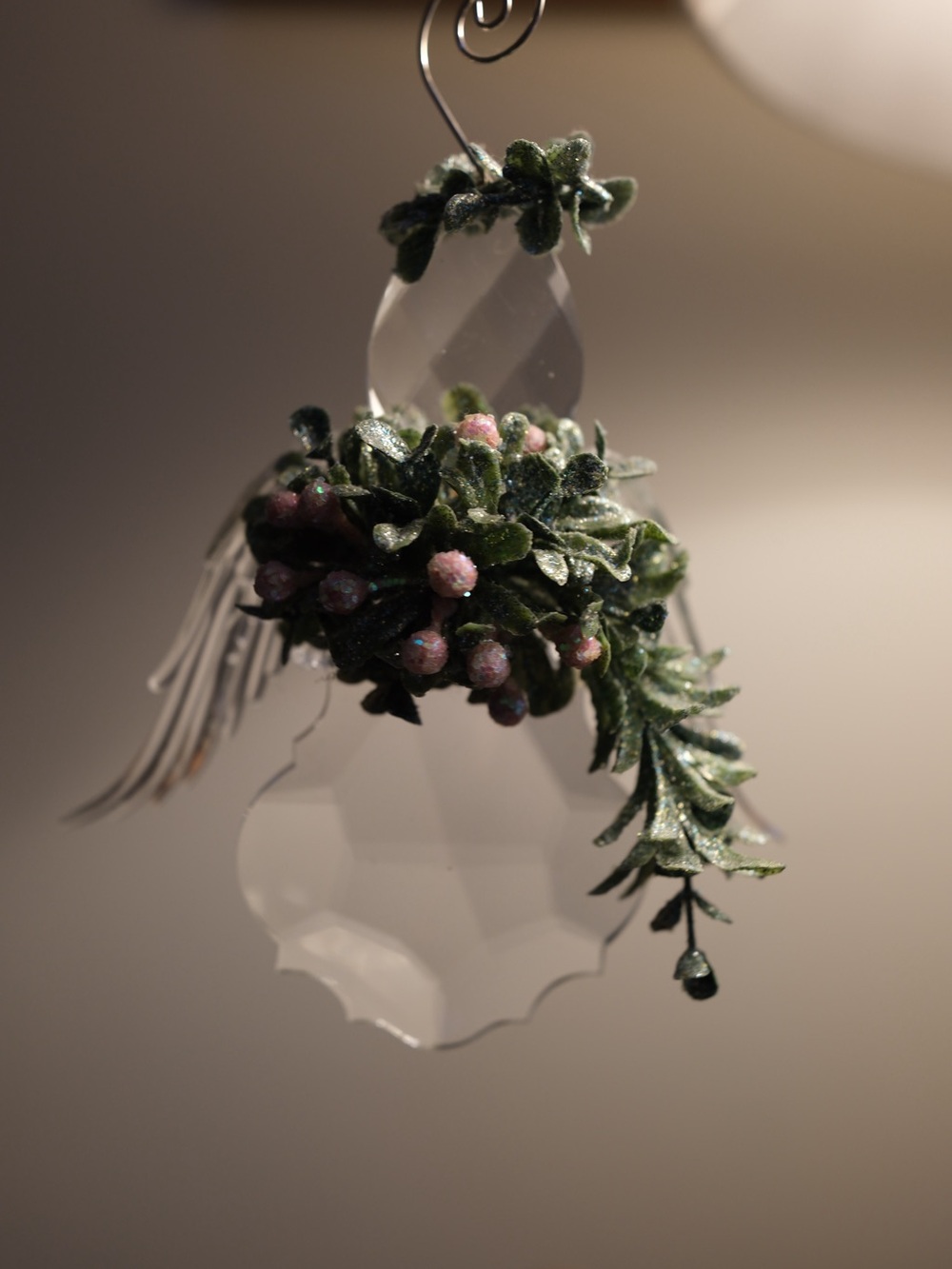 Holiday Resin Angel Ornament with Green Foliage and Pink Berries